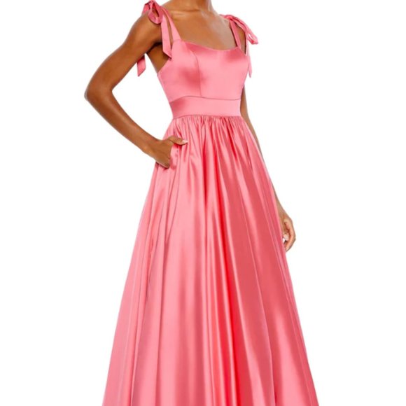MAC DUGGAL 67981 TIE SHOULDER SWEETHEART NECK CORAL SATIN BALL-GOWN sz 2 - Picture 1 of 7